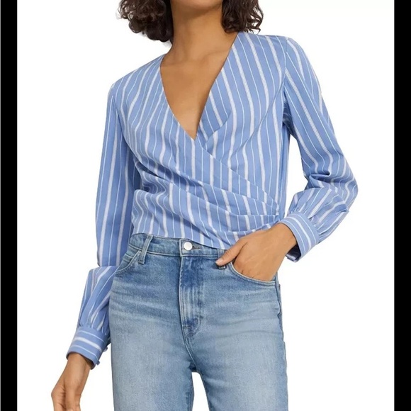 Theory Faux Wrap Top Quincy Striped Small Blue - Picture 1 of 8
